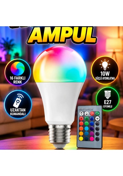 Akıllı Rgb Led Ampul 10w E27 Uzaktan Kumandalı Renk Değiştiren Led Ampul Renkli 02651142