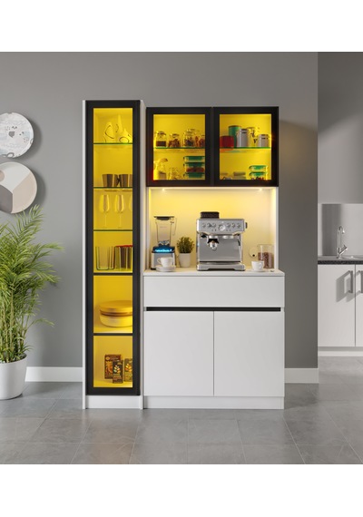 Moon Midi Sol Vitrinli Kahve Köşesi Komple Mdf Led Mutfak Dolabı Beyaz