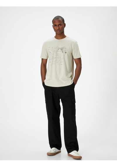 Koton Baskılı Tişört Slim Fit Kısa Kollu Bisiklet Yaka Pamuklu Bej 4sam10638hk Ekru