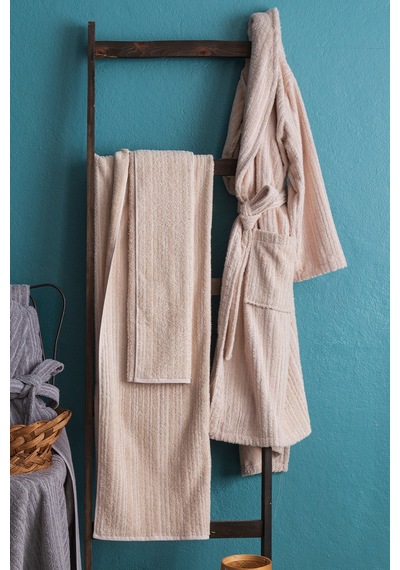 Apricitas Home Timeless Gri-bej %100 Pamuk 6 Parça Aile Bornoz Seti