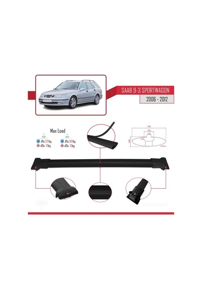 Saab 9-3 Sportwagon 2006-2012 Arası İle Uyumlu Fly Model Ara Atkı Tavan Barı Siyah 3 Adet Bar