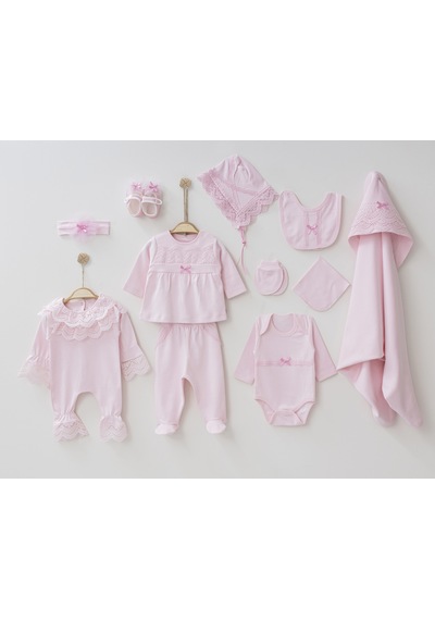 Buse&Eylül Bebe Pembe Güpürlü 10 Parça Kız Bebek Hastane Çıkışı Takımı - Pembe