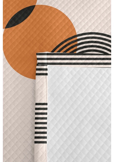 Geometrik Modern Turuncu Genç Odası Tek Kişilik Pike Takımı - Siyah 160x220 Cm Kapitone Yatak Örtüsü Keten Eşik Örtüsü