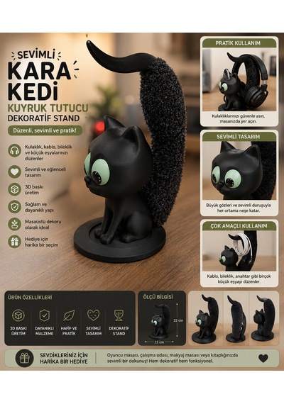 Sevimli Kara Kedi Kulaklık Standı