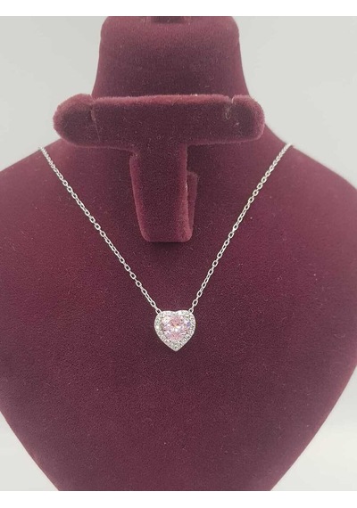 Swarovski Pembe Kalp Taşlı  S Model Gümüş Kolye