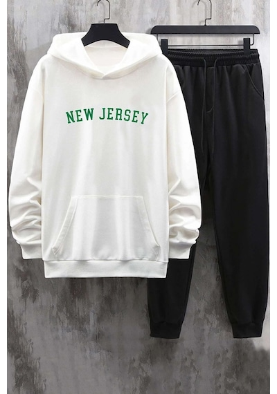 Uyguntarz Unisex Kapuşonlu Beyaz New Jersey Eşofman Takımı Oversize