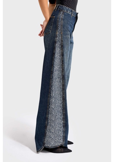 Itsbasic Kadın T.kot Rengi 2w49 Parlak Taş Detaylı Wide Leg Fit Tasarım Denim Jean Kırmızı