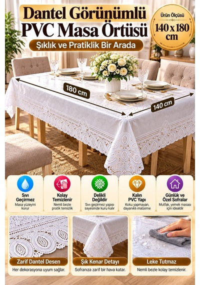 Beyaz 140x180 Cm Dantel Görünümlü Pvc Masa Örtüsü Sıvı Geçirmez Silinebilir Mutfak Masa Örtüsü Lüks