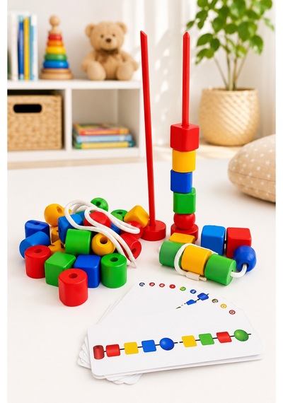 Eğlenceli Geometrik Şekiller İpe Boncuk Dizme Oyunu Renk Eşleştirme Eğitici Motor Beceri Oyuncağı