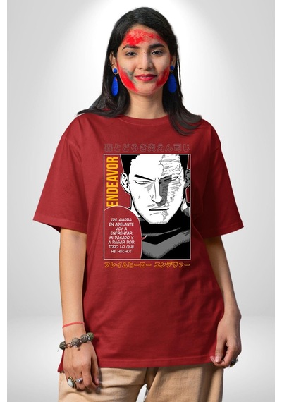 Enji Todoroki Manga Pamuklu Bisiklet Yaka Unisex Oversize Boyfriend Dijital Baskılı Kırmızı T-shirt Kırmızı