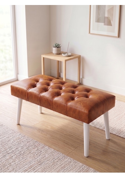 Modern Kapitoneli Taba Deri Kumaş Bench Puf Oturma Bankı Ahşap Beyaz Ayaklı Demonte 90x45