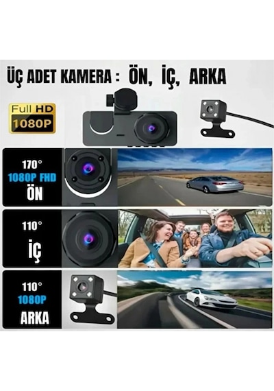 1080p Full Hd Çözünürlüklü Üç Kameralı Araç İçi Kamera - Park Ve Sürüş Güvenliği