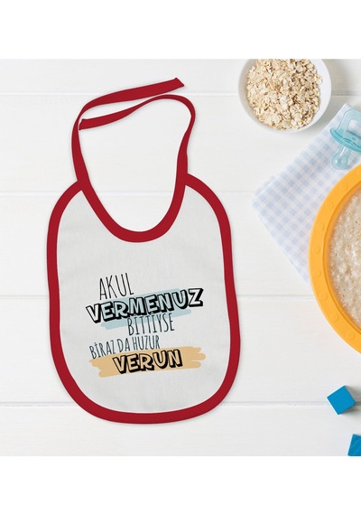 BK Kids Aful Vermenuz Bittiyse Tasarımlı Kırmızı Bebek Mama Önlüğ Kırmızı