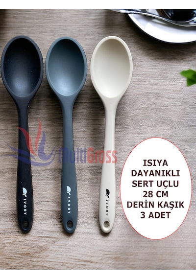 Sert Uçlu Isıya Dayanıklı Silikon 28 Cm Kaşık Seti Syh-gri-krem