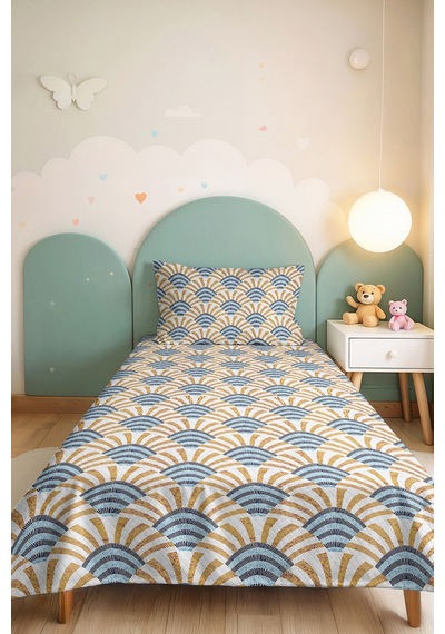 Geometrik Mavi Genç Odası Tek Kişilik Pike Takımı - Hardal Retro 160x220 Cm Kapitone Yatak Örtüsü Mat Pike Kırıntısı