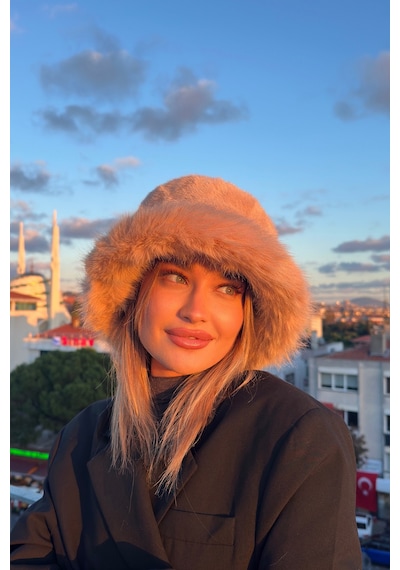 Mollycrush Suni Kürklü Peluş Bucket Kalpak Şapka Luxury Kadın Camel Rus Slav Tarzı Camel
