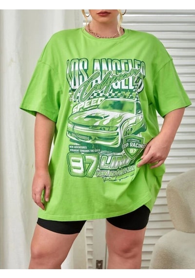 Flood Of Style Kadın Yeşil Los Angeles Baskılı Bisiklet Yaka Tshirt