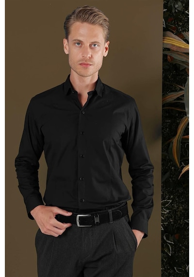 Efor Gk 700 Slim Fit Siyah Klasik Gömlek Siyah