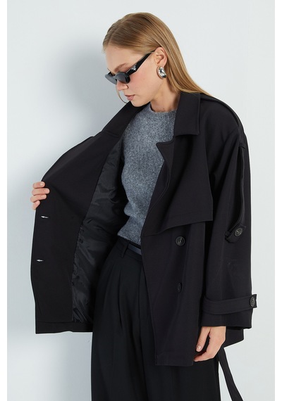 Fullamoda Beli Kemerli Kruvaze Yaka Oversize Trençkot Siyah