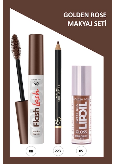 Flash Lash Renkli Maskara No:08 & Lipliner No:223 & Sweet Kiss Meyveli Dudak Parlatıcı No:05 Makyaj Seti