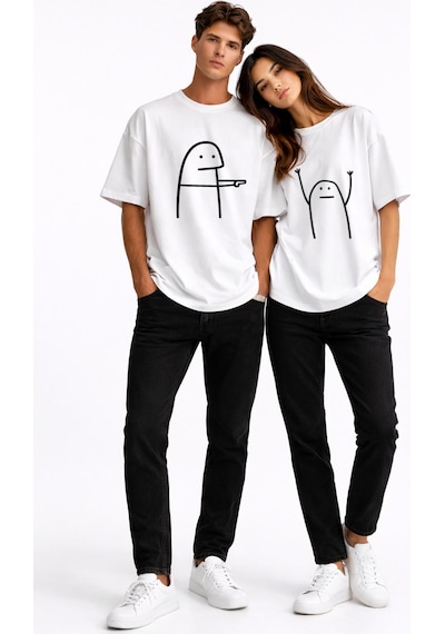 Nevermind Komik Çöp Adam Çift Tişörtü Oversize Unisex Sevgili Kombini Baskılı Tişört Beyaz Beyaz