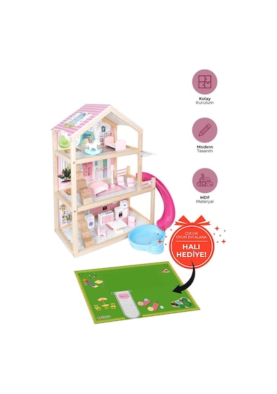 Pembe Ahşap Kaydıraklı Oyun Evi, Ahşap Oyun Evi, Çocuk Halısı T2010