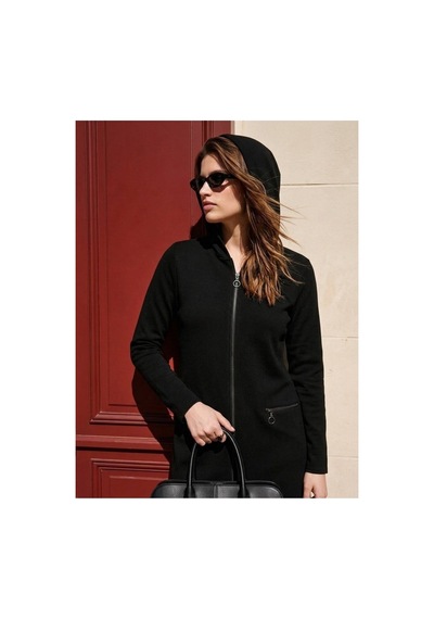Onno Style Women Kapüşonlu Çelik Örgü Uzun Triko Kadın Ceket Siyah