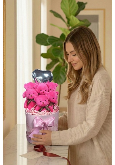 Premium Silindir Kalpli Pembe Kutusunda, Kalpli Balonlu 6 Lı Fuşya Ayıcık Buketi, Sevdiğine Hediye