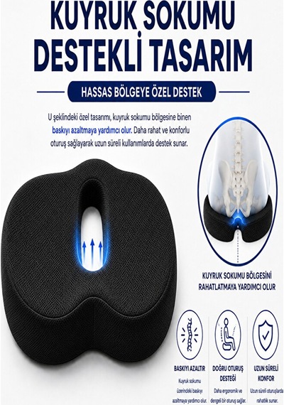 Ortopedik Oturma Minderi Kuyruk Sokumu Destek Minderi Uzun Süreli Oturuşlar İçin Ergonomik Ofis Ve Siyah