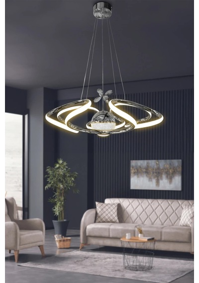 Dron Modern 4 Kol Tek Top Sarkıt Power Led Avize - 3 Renk Kumandalı - Krom Krom