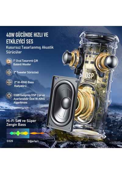 W-kıng D320 Bluetooth Hoparlör, 40w 360 Surround Boombox, 24 Saate Varan Çalma Süresi, Ip67, Kablos