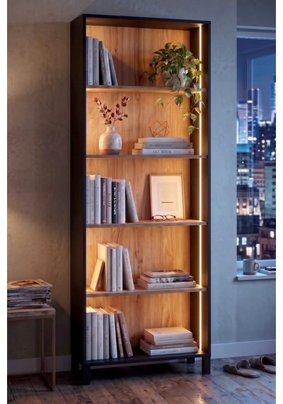 Robin Home Prime 5 Raflı Neon Led Işıklı Kitaplık Ahşap Ayaklı Sepet-siyah 183cm