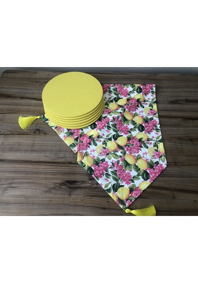Fuşya Çiçekler Arasında Limon Desenli Runner & Supla Çok Renkli