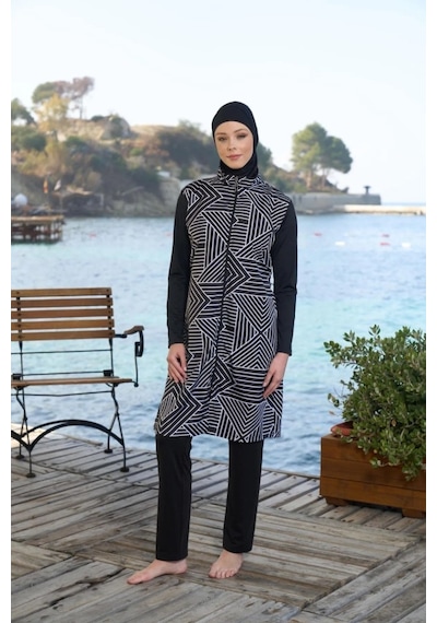 Estiva 25946 Siyah Fermuarlı Geometrik Desenli Tam Boy Tesettür Mayo Siyah
