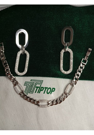 Tiptop/ Gümüş Renk Zirkon Taşlı Sallantılı Model Çelik Küpe -zincir Model Zirkon Taşlı Bileklik Gümüş