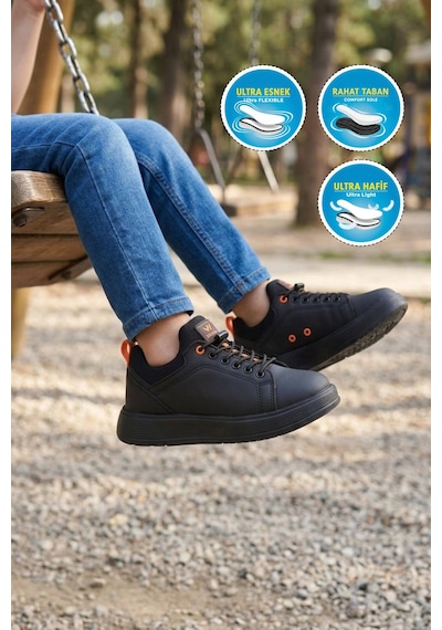 Siyah Turuncu Lastik Bağcıklı Erkek Çocuk Sneaker Çok Renkli
