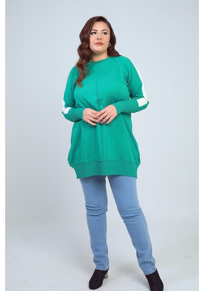 By Saygı Kadın Kolları Şeritli Büyük Beden Tunik Bluz-41894 Yeşil