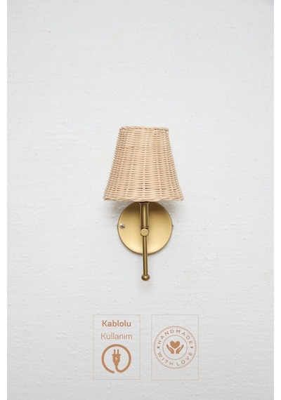 Rattan Eskitme Gold Duvar Aydınlatması Kablolu Aplik Krem