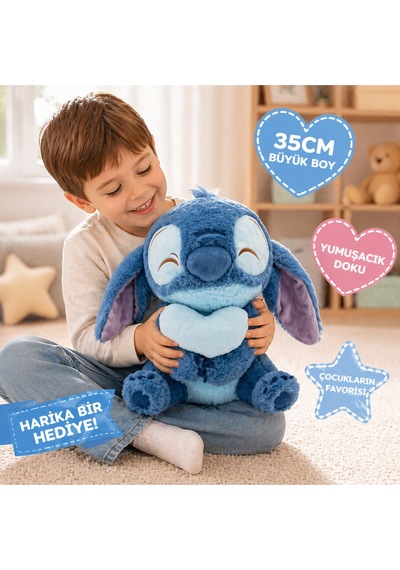 35 Cm Kalpli Stitch Peluş Oyuncak Sevimli Yumuşacık Büyük Boy Hediye Ve Koleksiyonluk Mavi Çok Renkli