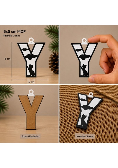Y Harf Yılbaşı Süsü Mdf Çam Ağacı Desenli Asılabilir Dekor 5x5 Cm