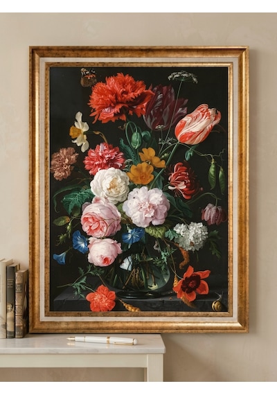 Gold Çerçeveli Varaklı Yağlı Boya Dokulu Şık Salon Tablosu - Hollanda Altın Çağı Sanat Eseri Klasik Vintage Natürmort Dark Floral Dekoratif Duvar Tablosu 50x70 Cm / Çerçeveli 60x80 Cm Gold Çerçeveli Varaklı Yağlı Boya Dokulu Şık Salon Tablosu - Hollanda Altın Çağı Sanat Eseri Klasik Vintage Natürmort Dark Floral Dekoratif Duvar Tablosu 50x70 Cm / Çerçeveli 60x80 Cm