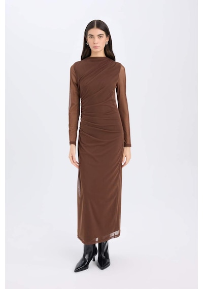 DeFacto Bodycon Vücudu Saran Yarım Balıkçı Yaka Tül Uzun Kollu Maxi Elbise E3548AX24WNBN167 Kahve