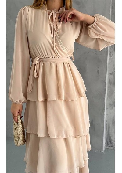 Dip Moda Kadın Astarlı Eteği Kat Kat Şifon Elbise Dpk2041 BEJ