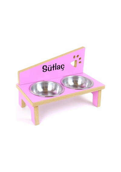 Ahşap Çelik Kâseli Özel Isim Baskılı Kedi- Küçük Irk Köpek Mama Ve Su Kabı-pembe-2 350 Ml.