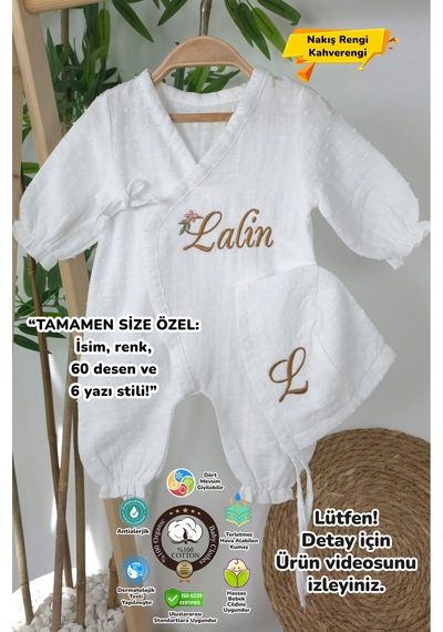 Gros Shop Müslin Yeni Doğan 4katlı Organik %100pamuk Kişiye Özgü Nakışlı Hastane Çıkış Seti-papatya Model1 Beyaz-1