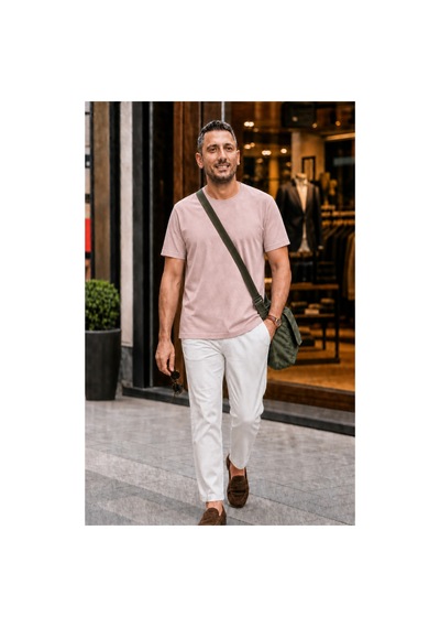 Modi Green Unisex Regular Fit Süprem Sıfır Yaka Kısa Kollu Tişört - Pudra