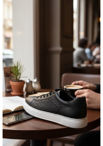 Enoch Hakiki Deri Dalga Desen Garnili Günlük Erkek Sneaker Comfort Taban Siyah