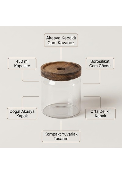 Akasya Kapaklı Yuvarlak Borosilikat Cam Kavanoz 450 Ml, 9 10 Cm, Orta Delikli Ahşap Kapak, Şeffaf Baharat Kahve Çay Şeker Kuruyemiş Ve Kuru Gıda Saklama Kabı, 1 Adet Çok Renkli
