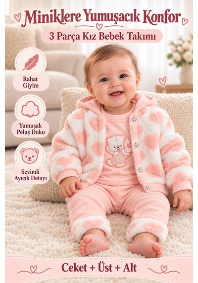 Ahengim Kız Bebek 3 Parça Takım Kapüşonlu Peluş Ceket Ayıcık Nakışlı Üst Ve Pantolon Ak2482 Pudra