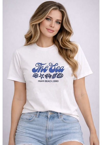 Herkesemoda The Sea Baskı Detaylı Basic T-shirt Beyaz